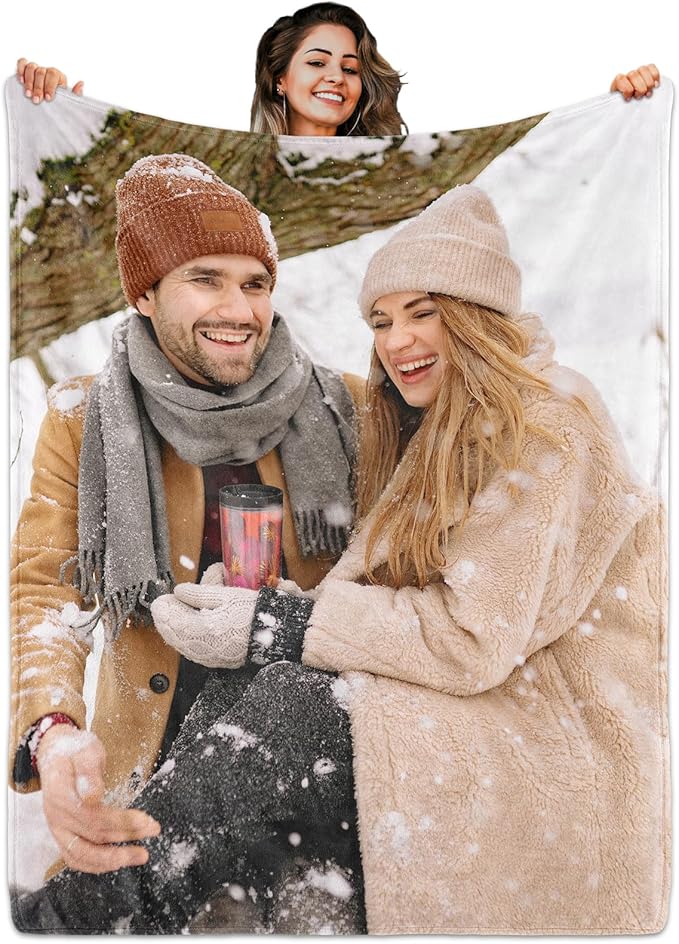 Custom Blanket with Picture Text, Personalized 1 Photo Blanket, HD Printing Customized Flannel Throw Blanket Gifts for Mom Dad Couple Girlfriend Boyfriend Wife Husband Valentines Gift