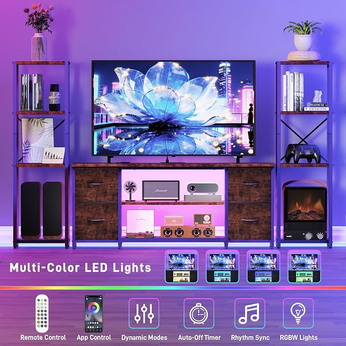 LED TV Stand Bookshelf Combo with Charging Station for 65 60 55 Inch TV, Entertainment Center with Lights & Drawers, Industrial Media TV Console Table for Living Room Bedroom Office, Rustic Brown - Image 3