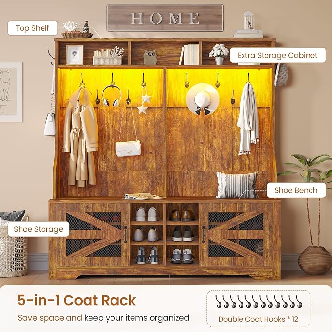 Itaar Hall Tree with Bench and Shoe Storage, 5-in-1 Entryway Bench with Coat Rack, 16 Shoe Cubbies & 12 Coat Hooks, Barn Door & Adjustable Shelf (Rustic Brown) - Image 3
