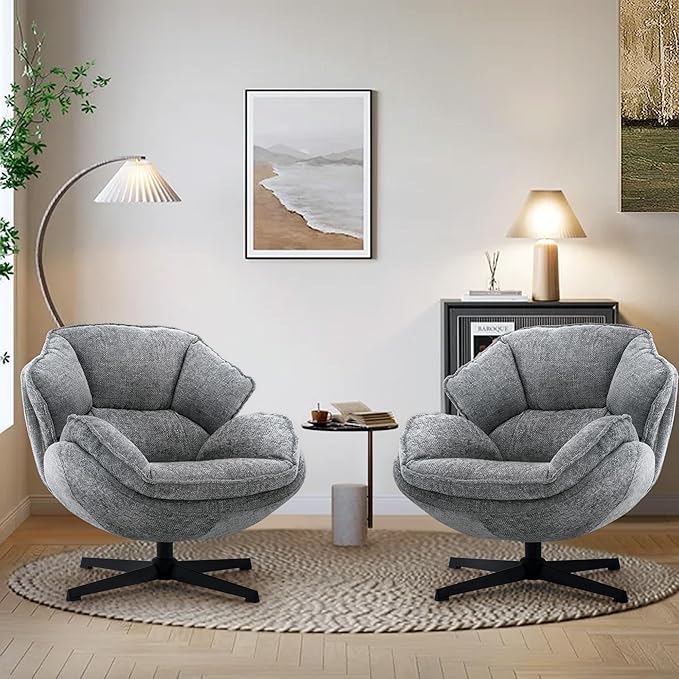 IWMH Swivel Accent Chair Set of 2, Upholstered Accent Chair, Comfy Padded Cross Armchair, Metal Frame & Wide Seat Lazy Chair, Leisure Sofa Chair for Living Room, Bedroom (Gray*2)