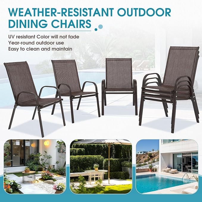 Outdoor Stackable Chairs Set of 6, Stacking Patio Chairs with Textilene Fabric, Outside Furniture for Garden Backyard Balconie Poolside Deck, Brown - Image 7