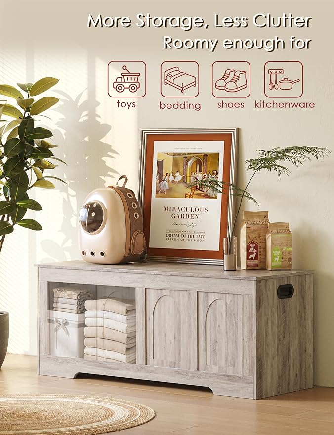 DINZI LVJ Storage Chest, 47.2" Rattan-Like Toy Box with 2 Safety Hinges, Wooden Entryway Storage Bench with Flip-Top, Large Trunk for Living Room, Bedroom, Easy Assembly, Greige - Image 7