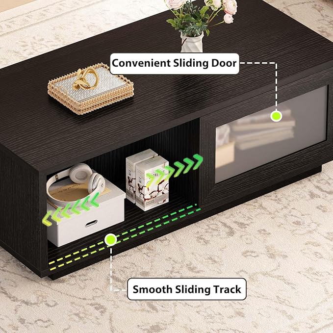 HSH Black Coffee Table, Modern Low Coffee Table for Living Room, Rectangle Coffee Tables with Sliding Door, Large Wood Center Tables with Storage Open Shelf, 47 Inch