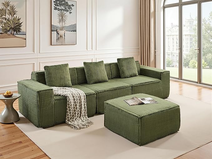 L-Shaped Corner Corduroy Sectional Sofa 4 Seat Modular Boneless Sofa Foam Cloud Couch with Movable Ottoman and Toss Pillows,Modern Deep Seat Convertible Chaise Sofa