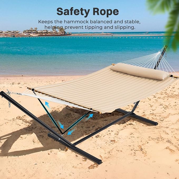 SUPERJARE Hammock with Stand, 2 Person Quilted Outdoor Hammock, Detachable Pillow & Bamboo Spreaders, Portable Hammock with Carrying Bag, Heavy Duty Stand, Perfect for Outside, Patio, Beige - Image 5