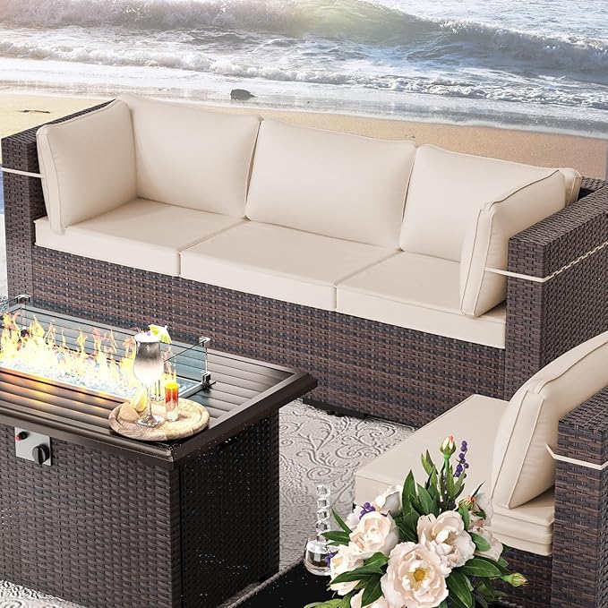 8 Pieces Outdoor Patio Furniture Set,Outdoor Sectional Furniture with 43" 55000 BTU Gas Propane Fire Pit Table,All Weather PE Rattan Wicker Patio Conversation Set,Sand