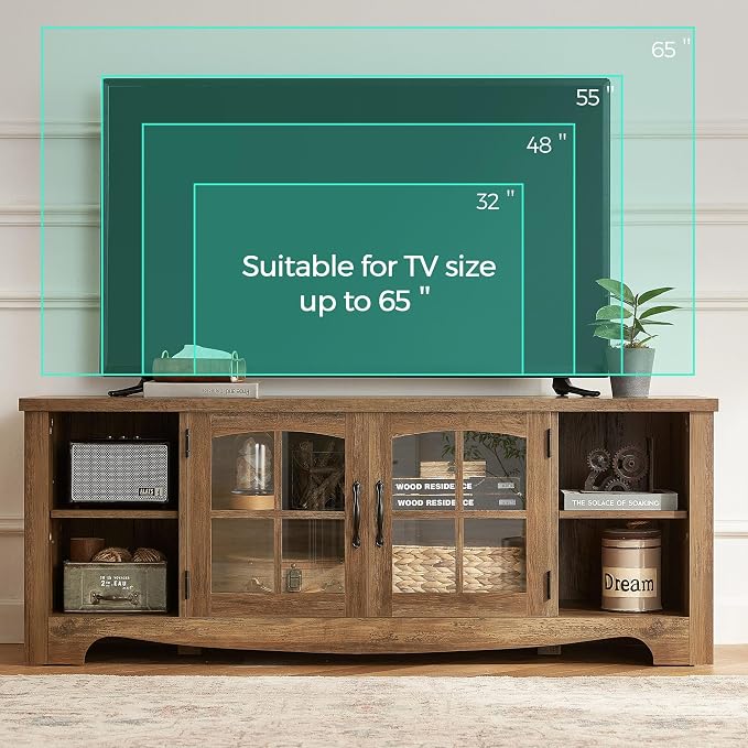 LINSY Home Farmhouse TV Stand for 65 Inch TV, Wood Entertainment Center with Glass Door Storage Cabinet & Adjustable Shelves, Large Sturdy Console Table for Living Room & Bedroom - Image 2