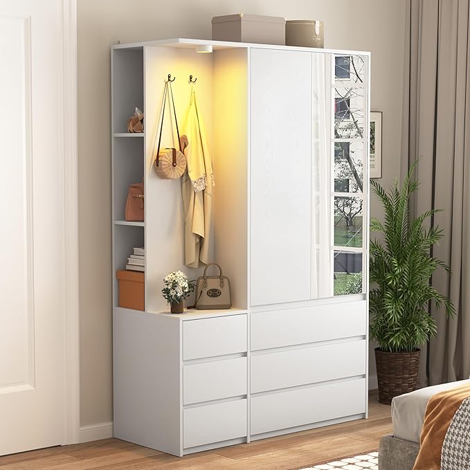 Armoire Wardrobe Closet with Mirror Door and LED Light, Bedroom Armoire with 6 Drawers, Modern Wooden Large Wardrobe Closet with Shelves, Wooden Armoire with Hanging Rod for Bedroom(White)