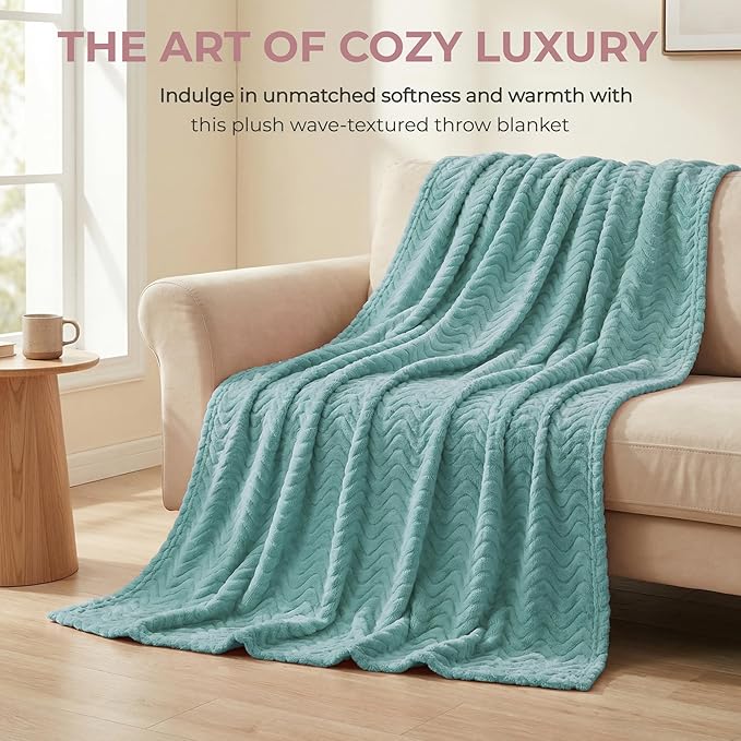 Exclusivo Mezcla Queen Blanket for Bed, Cozy Lightweight Fleece Blankets for All Season, Decorative Giftable Fuzzy Plush Wave Textured Suitable for Women, Men, Celadon, 90x90 Inches