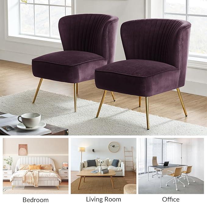 HULALA Home Velvet Accent Chair Set of 2, Modern Armless Upholstered Side Chair with Glam Gold Metal Legs for Vanity Living Room Bedroom - Purple