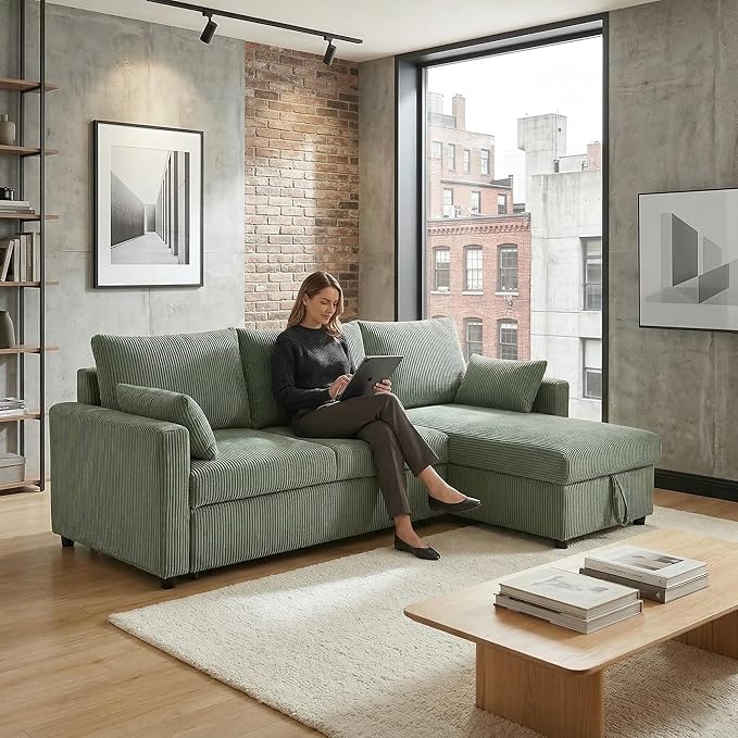 Casaphoria 85" Corduroy Sleeper Sofa with Pull Out Bed & Storage Chaise, L-Shaped Sectional Couch for Small Apartment, Living Room & Guest Room, 3-Seat Convertible Sofa Bed, Olive Drab