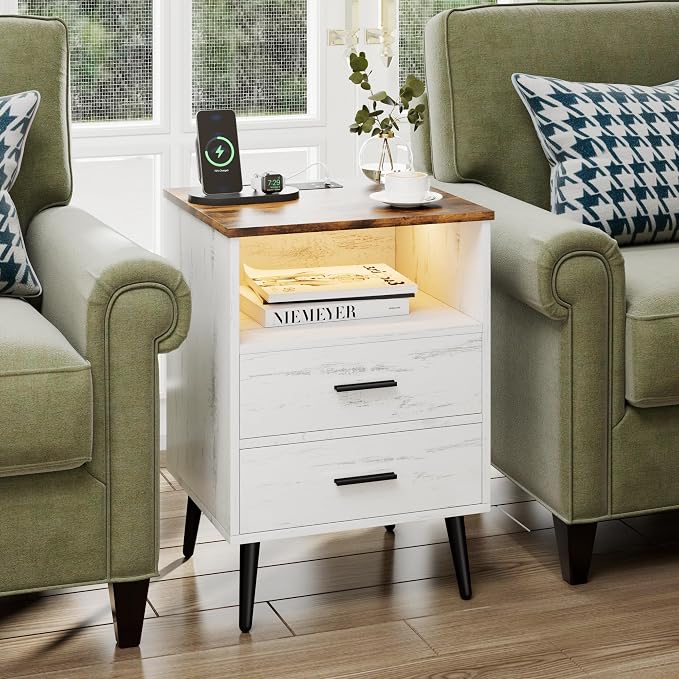Lareth Farmhouse LED Nightstand with Charging Station, 25.6" H x 17.7" W x 15.7" D Wooden Night Stand with 2 Drawers, Smart Bedside Table for Dorm, Apartment, Small Space, Antique White - Image 7
