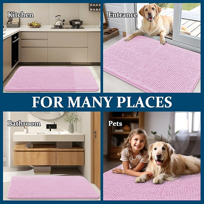 OLANLY Dog Door Mat for Muddy Paws 40x32, Absorbs Moisture and Dirt, Absorbent Non-Slip Washable Doormat, Quick Dry Chenille Mud Mat for Dogs, Entry Indoor Entryway Carpet for Inside Floor, Pink - Image 8