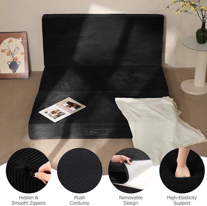 6-Inch Tri-Folding Mattress Queen Size - Foldable Futon Sofa Bed with Removable Washable Cover, Folding Futon Mattress | Non-Slip Bottom & Carry Handles for Guest, Camping, Dorm
