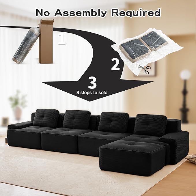 Casaphoria 150'' Corduroy Cloud Couch, 4-Seat L-Shaped Sectional Sofa with 4 Pillows & Ottoman for Living Room, Deep Seat Boneless Couch for Modern Apartment, No Assembly Required, Black