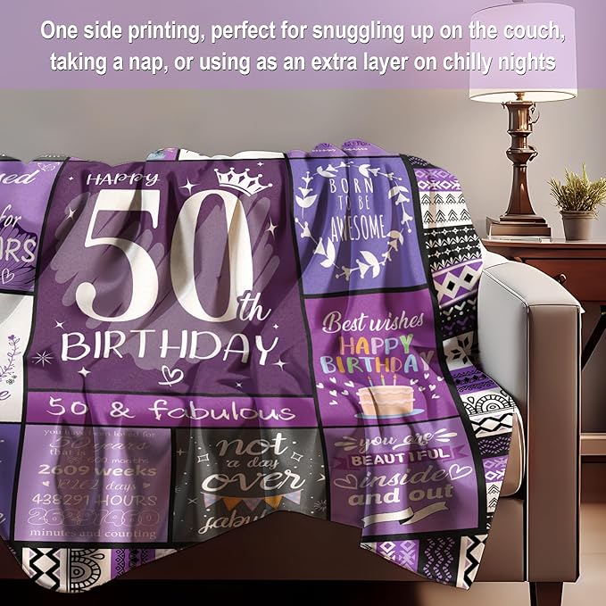 50th Birthday Gifts for Her, Women, 50th Birthday Decorations for Women, Happy 50 Year Old Gifts for Woman, Turning 50-50 Year Old Bday Blanket 60"X50"
