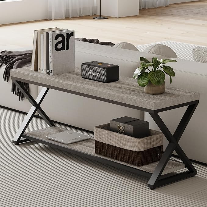 IBF Industrial Wood Entryway Bench, Indoor Farmhouse Hallway Accent Entry Bench for Seating Sitting with Storage, Metal Shoe Rack Grey Bench Organizer in Foyer Bedroom, Light Grey Oak, 47 Inch Long - Image 5