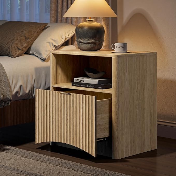 Evermagin Fluted Nightstand Set of 2, Natural Oak Bedside Table with Drawer and Storage, Wood End Table Mid Century Modern, Large Night Stand for Bedroom - Image 4