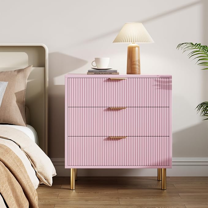 GarveeHome Pink Dresser, Modern 3 Drawer Dresser for Bedroom with Gold Handle and Large Drawer, Wood Double Chest of Drawers and Storage Organizer for Living Room, Hallway, Entryway by GarveeHome