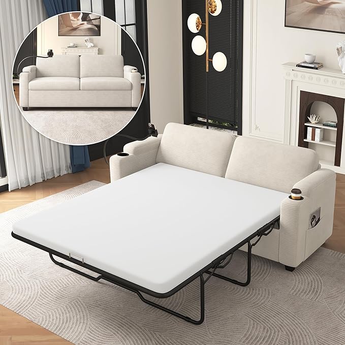Merax Pull-Out Sleeper Sofa Bed with Full Size Mattress and Two Side Pockets, 3 in 1 Foton Couch with USB Ports | Phone & Cup Holders, Corduroy Loveseat for Living Room, Beige