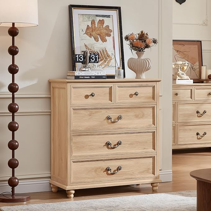 Joaxswe Farmhouse 5 Drawer Dresser for Bedroom, 35" Tall Rustic Chests of Drawers w/ 4 Solid Wood Feet, Mid Century Modern Wooden Closet Storage Dressers Organizer for Living Room, Hallway,Natural - Image 7