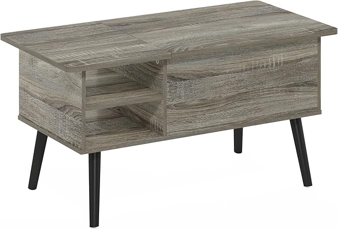 Furinno Jensen Lift Top Coffee Table with Storage Shelf, Side Shelf, Hidden Compartment, for Living Room, Grey Oak