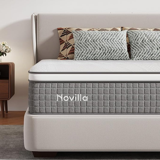 Novilla 10 Inch Twin Size Hybrid Mattress, Medium Plush, Individually Wrapped Coils & Gel Memory Foam, Cool-Touch Nylon Cover, Grey, CertiPUR-US Certified