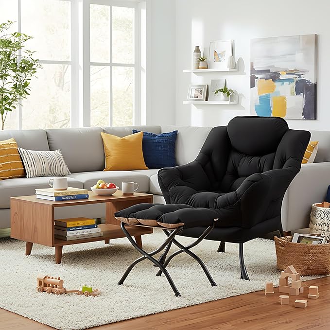 MBOOYOME Lazy Chair with Folding Ottoman, Modern Accent Lounge Armchair with Armrests and a Side Pocket & Foldable Footstool, Leisure Reading Chair for Living Room, Bedroom, Dorm & Office, Black