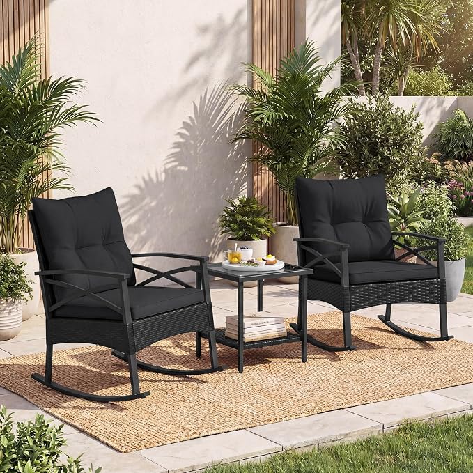 Tangkula 3 Pieces Outdoor Rocking Chairs Set, Rattan Heavy Duty Cushioned Rocker Chairs with 2-Tier Tempered Glass Coffee Table, for Garden, Balcony, Backyard (Black+Gray) - Image 2