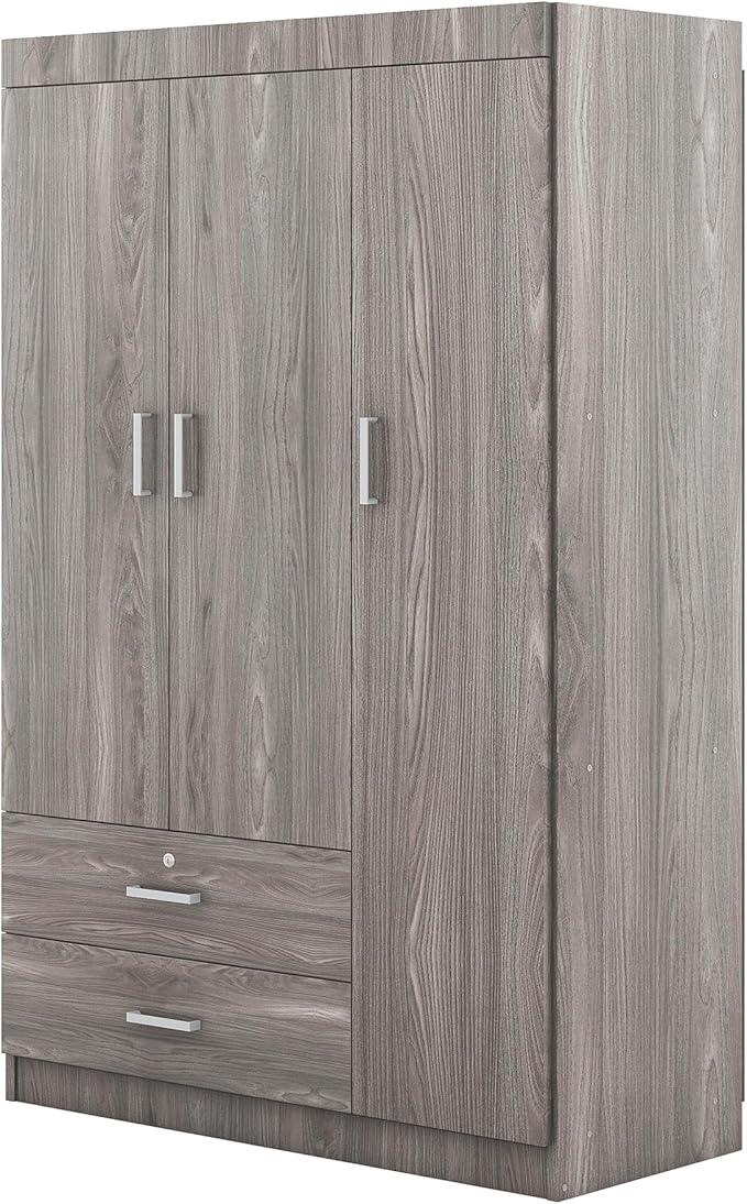 Merax 3 Doors Wardrobe Clothes Organizer with 2 Drawers, 41.3" Small Closet Organizer with Hanging Rail, Wood Storage Closet with 3 Shelves, Gray