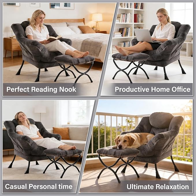 Plush Lazy Chair and Ottoman, Large Dark Grey Contemporary Accent Chair with Side Pocket, Modern Leisure Upholstered Reading Armchair with Footrest for Office, Bedroom, Living Room, Balcony