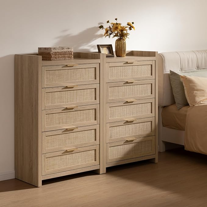 SICOTAS Dresser for Bedroom Chest of Drawers 46" Tall Dresser for Closet with 5 Rattan Drawers Boho Nightstands Set of 2 Large Clothes Storage Cabinet TV Stand for Living Room Hallway Nursery Entryway - Image 7