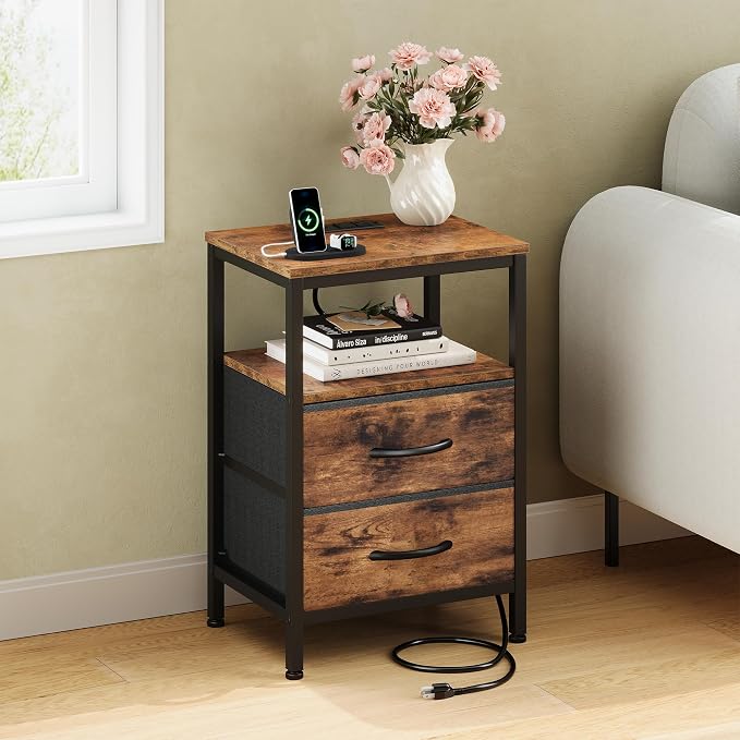 OLIXIS Nightstand with Charging Station, Bedside Table with USB Ports & Type-C, 2 Fabric Drawers Night Stand with Open Shelf, Compact End Table for Bedroom, Rustic Brown - Image 7