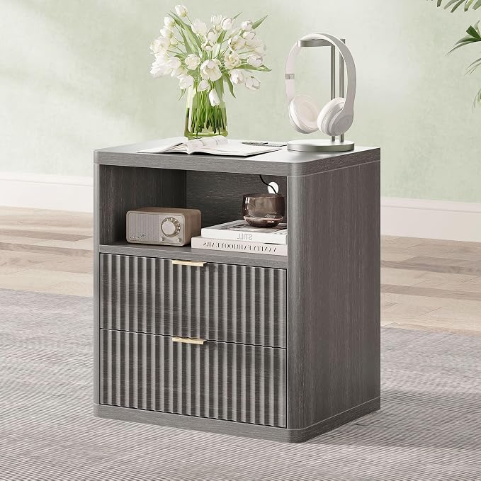 Fluted Nightstand Set of 2 with 2 Drawers Bed Side Table Wide End Table Modern Night Stands with Large Storage Charging Station Mid Century for Bedroom Living Room Office,Gray 2 - Image 7