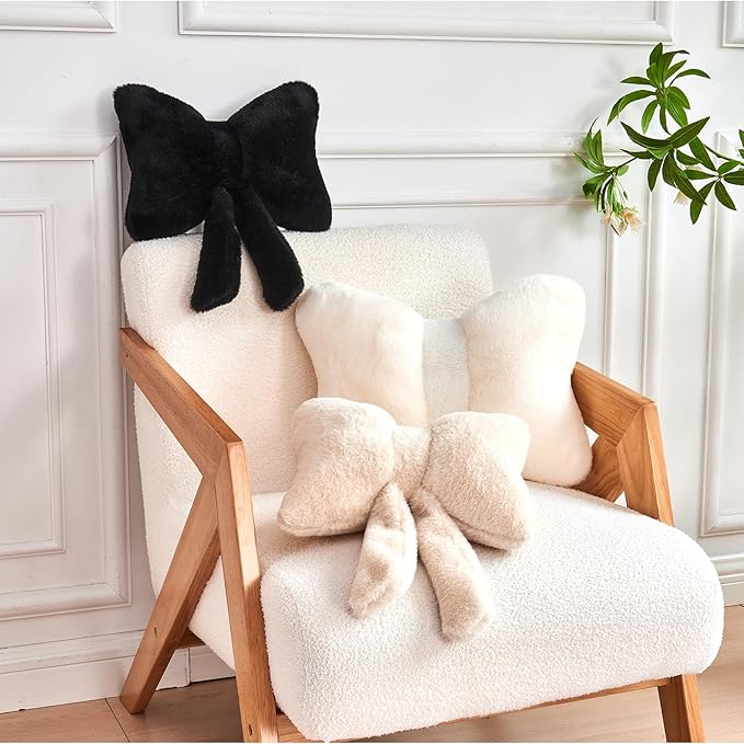 XVTRU Black Bow Pillow, Soft Bow Decorative Pillows with Faux Rabbit Fur, Cute 12" Bow Throw Pillows, Aesthetic Home Decor Bow Shaped Plush Pillow for Bedroom Sofa Couch