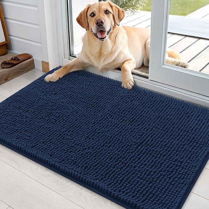 OLANLY Dog Door Mat for Muddy Paws 35x24, Absorbs Moisture and Dirt, Absorbent Non-Slip Washable Doormat, Quick Dry Chenille Mud Mat for Dogs, Entry Indoor Entryway Carpet for Inside Floor, Dark Blue by OLANLY