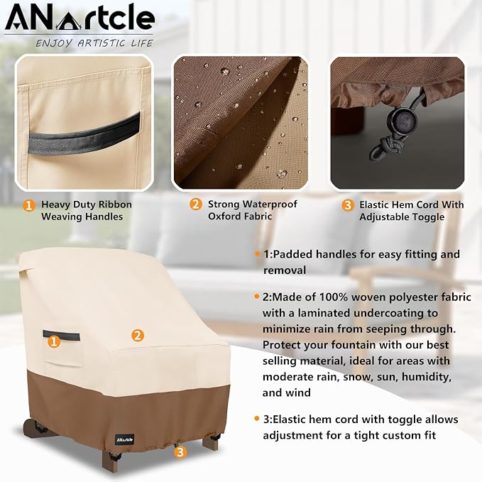 ANartcle Patio Adirondack Chair Cover 2 Pack,600D Waterproof Heavy Duty Outdoor Chair Covers,Adirondack Chair Covers(30W x 34D x 36H inches),Patio Furniture Covers,Beige&Brown - Image 5