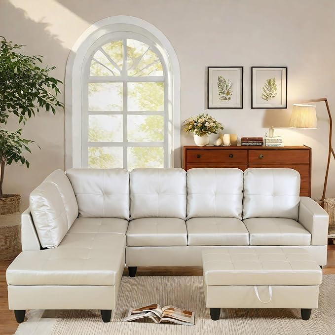 FONTOI L Shaped Sectional Couch with Otttoman, 97" Leather Sectional Sofa for Living Room Modular Couches with Cup Holders for Bedroom, Apartments, Light Grey
