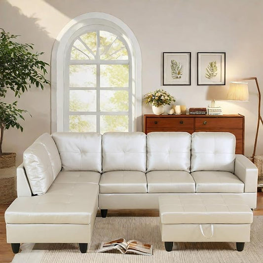 FONTOI L Shaped Sectional Couch with Otttoman, 97" Leather Sectional Sofa for Living Room Modular Couches with Cup Holders for Bedroom, Apartments, Light Grey