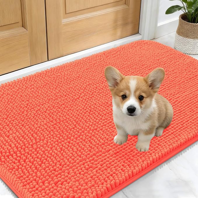 OLANLY Dog Door Mat for Muddy Paws 30x17, Absorbs Moisture and Dirt, Absorbent Non-Slip Washable Doormat, Quick Dry Chenille Mud Mat for Dogs, Entry Indoor Entryway Carpet for Inside Floor, Coral by OLANLY
