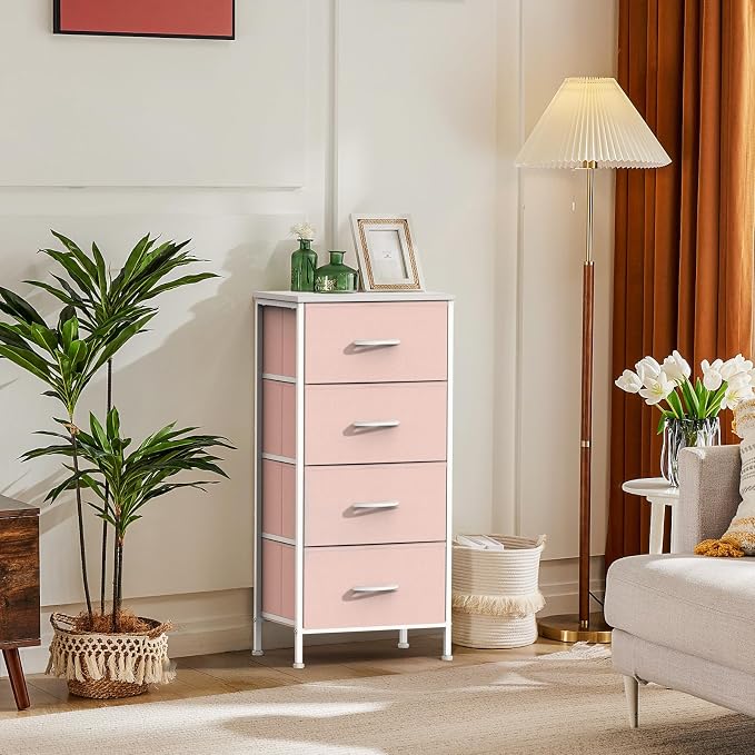 DUMOS Nightstand with 4 Drawers Bedside Table with Removable Fabric Bins Sturdy Steel Frame Wood Top Organizer Furniture for Bedroom Closet Living Room,Pink - Image 2