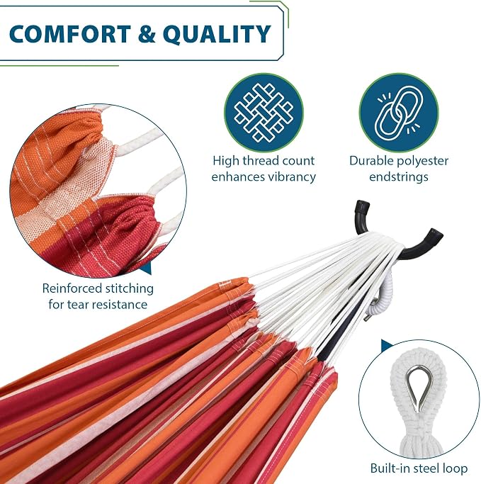 Vivere Double Cotton Hammock with Space Saving Steel Stand, Upgraded Polyester End Strings 450 lb Capacity - Premium Carry Bag Included - USA Grown Cotton (Mimosa) - Image 2