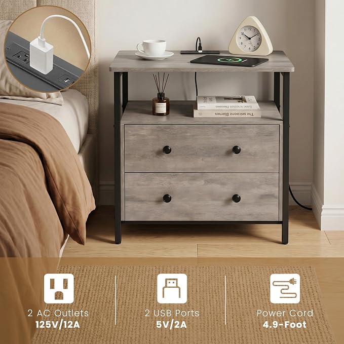 Edbuosy 27 inch Wide Night Stand with Charging Station, Bedside Table with Open Shelf, 2 Drawers Small Wood Dresser, Modern Wood Nightstand for Bedroom/Living Room (Rustic Gray) - Image 4