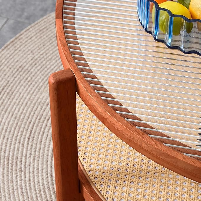 Mid Century Modern Coffee Table with Glass Top and PE Rattan Storage Shelf, 2-Tier 35 Inch Solid Wood Round Boho Coffe Table, Unique Center Table for Livinig Room Apartment Small Space