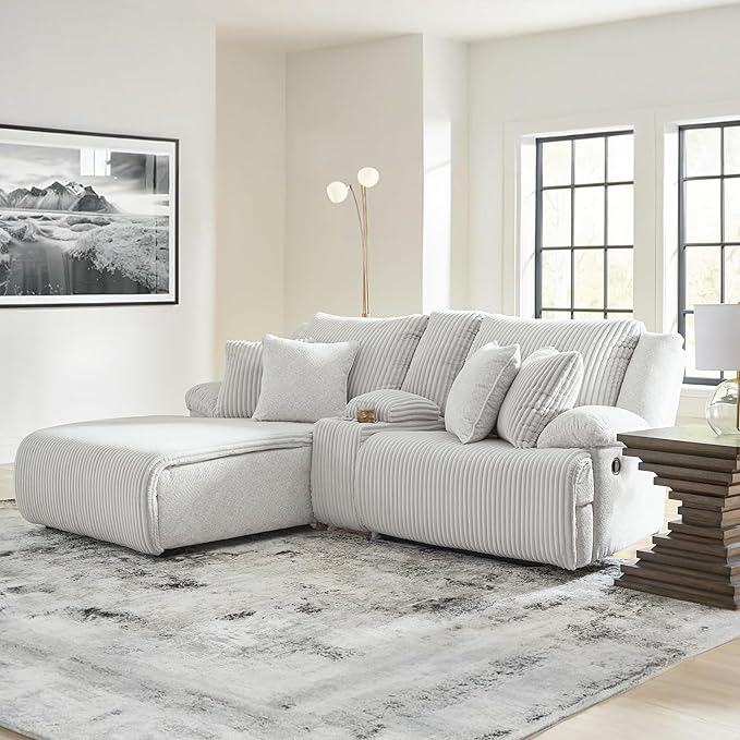 Signature Design by Ashley Top Tier Casual L-Shaped Left-Arm Facing 3-Piece Reclining Sectional Sofa with Chaise, Console Storage and 4 Accent Pillows, White