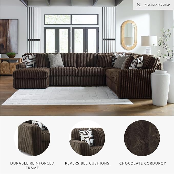 Signature Design by Ashley Midnight-Madness Casual U-Shaped Anti Sag 4-Piece Sectional with Chaise, Reversible Seat Cushions and 9 Accent Pillows, Dark Brown