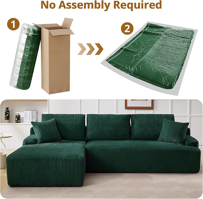 Cloud Couch Boneless l-Shape 96" Modern Sectional Comfy No Assembly Required Sleeper Modular Sofa with Corduroy Fabric Deep Seat Loveseat + Chaise Lounge Chair for Living Room