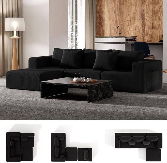 Modern Cloud Sectional Couches for Living Room, Convertible L-Shape Boneless Couches with Ottoman, 3 Seater Corduroy Modular Sectional Sofa with Pockets No Assembly (Black) | Sectional Couches, L-Shape Sofa, with Ottoman, No Assembly Required