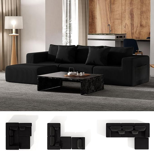 Modern Cloud Sectional Couches for Living Room, Convertible L-Shape Boneless Couches with Ottoman, 3 Seater Corduroy Modular Sectional Sofa with Pockets No Assembly (Black) | Sectional Couches, L-Shape Sofa, with Ottoman, No Assembly Required