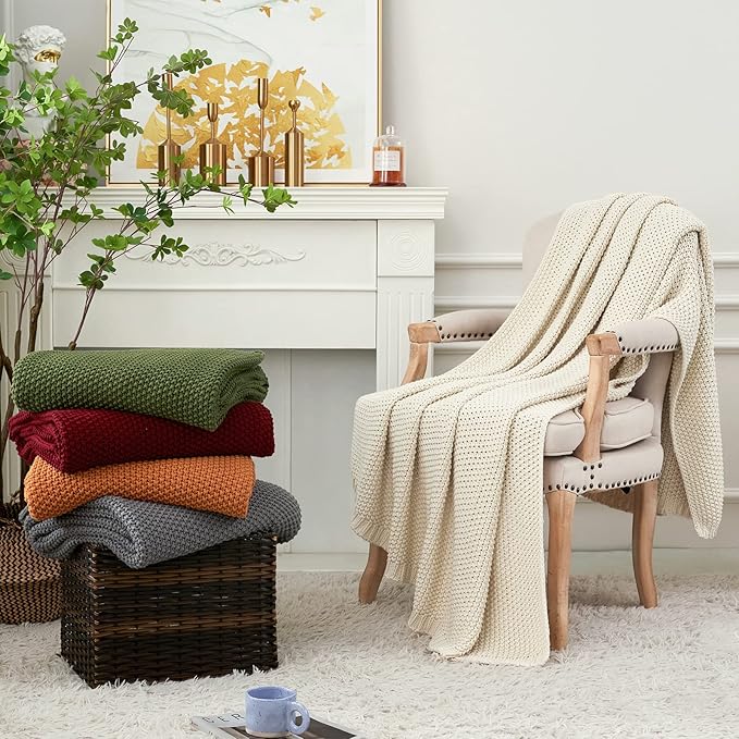 Chunky Cable Knit Throw Blanket Lightweight Cream 100% Organic Cotton Blanket for Sofa Couch Bed Baby Nursery, Rustic Shabby Chic Modern Farmhouse, 60” x 80” Give Laundering Bag